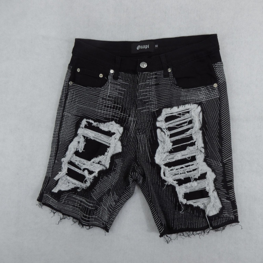 Guapi Shorts Mens 32 Black Distressed Ripped Denim Stretch Grunge Streetwear New